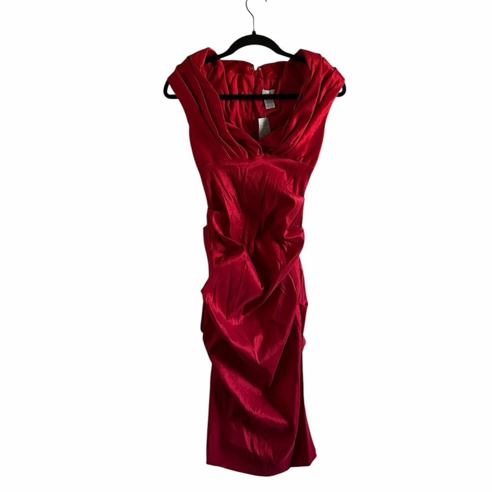 NWT Cache Vintage Satin Ruched Cocktail Dress Red Size 4